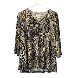 Susan Graver Pullover Long Sleeve‎ V Neck Blouse Size M Paisley Floral Stretch
